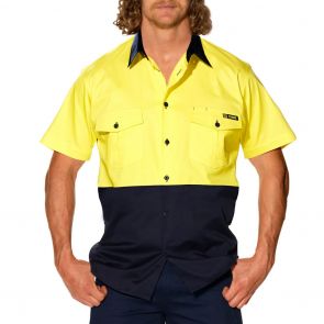 Tradie Mens Flex Hi Vis Short Sleeve Shirt MJ1939ST Yellow/Navy